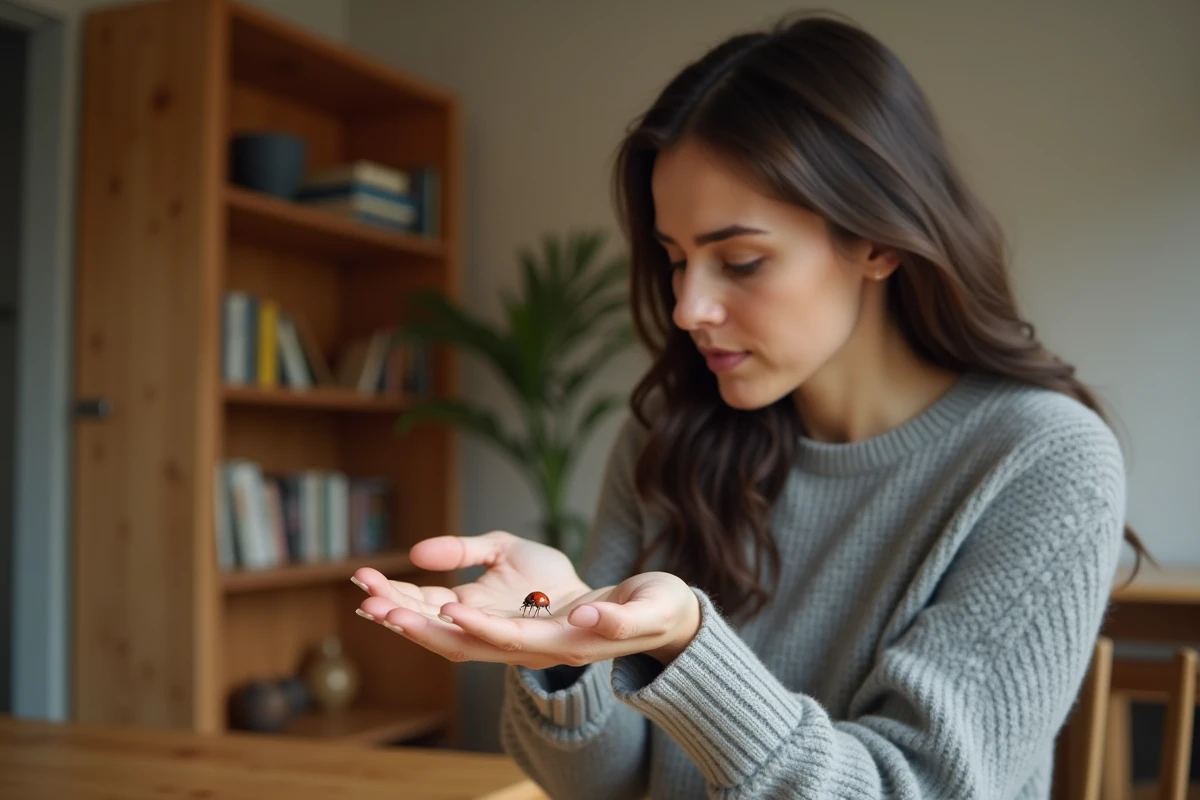 Femme hésitante tenant une coccinelle dans sa main ouverte, expression mêlant curiosité et légère peur des insectes
