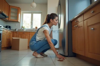 Jeune femme examine une fuite d'eau près du frigo dans la cuisine
