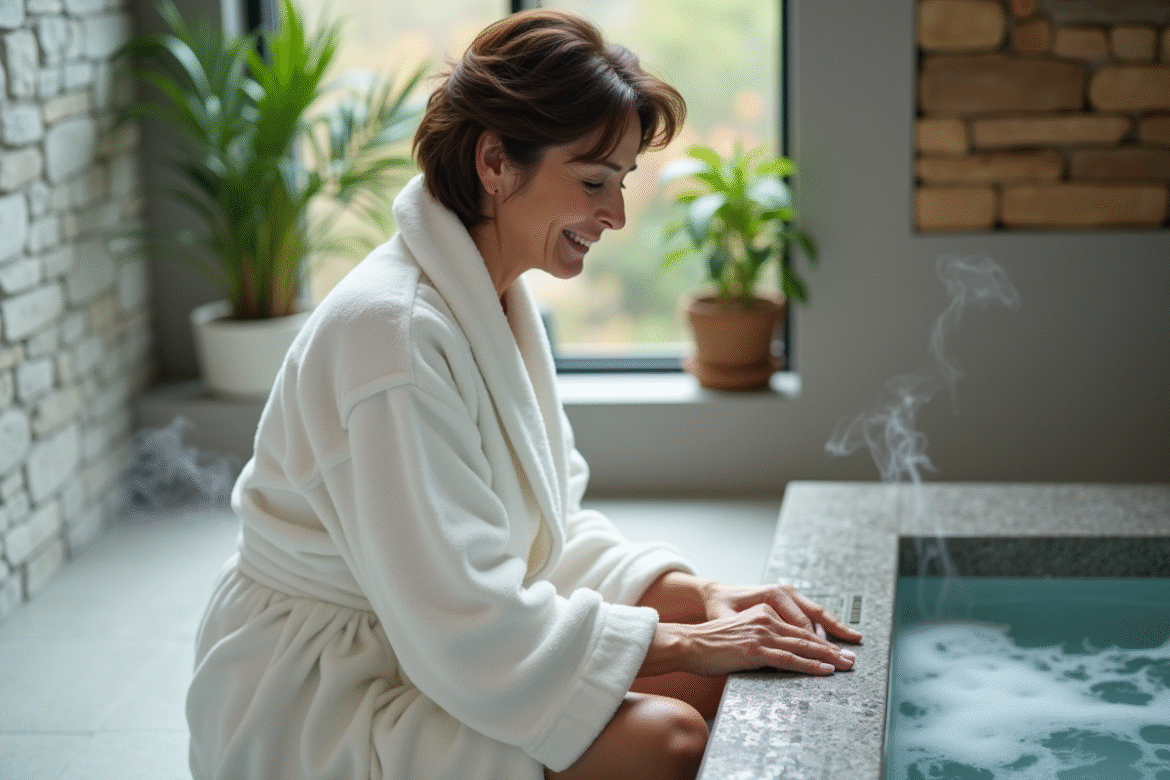 Femme d'âge moyen près d'un spa intérieur moderne