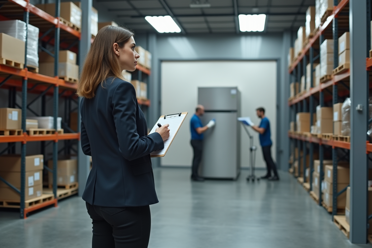 Femme observant le chargement d’un réfrigérateur dans un entrepôt