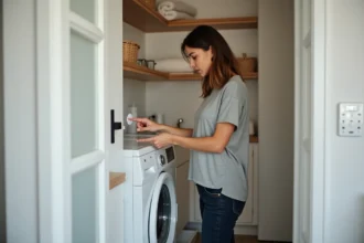 Femme examinant le symbole éco sur le panneau de commande d'un lave-linge dans une buanderie moderne