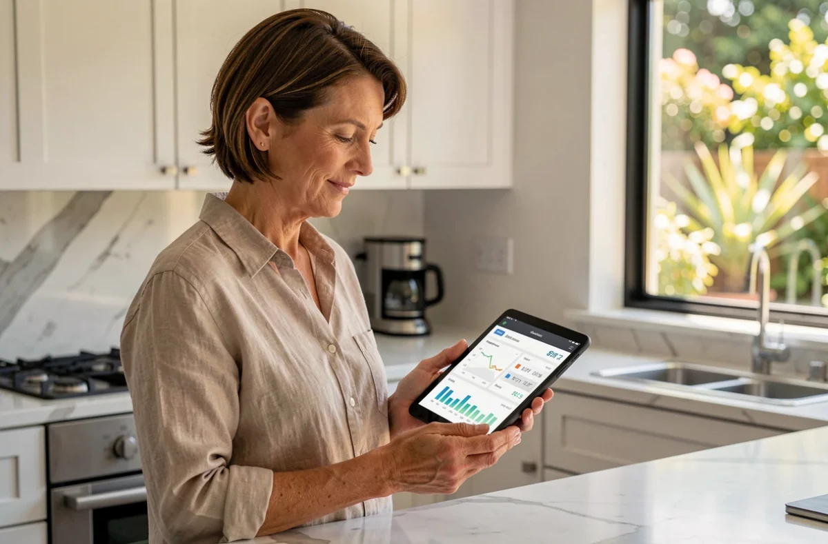 Femme consultant une application de suivi de consommation solaire sur tablette dans une cuisine moderne, dans le cadre de l'autoconsommation photovoltaïque