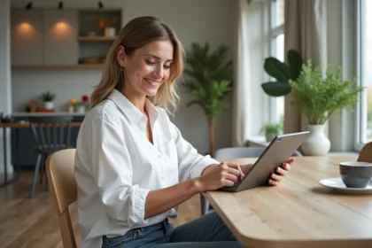 Femme souriante utilisant une tablette pour un plan 3D dans un appartement moderne