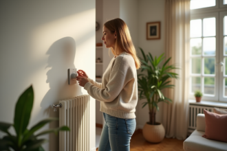 Femme d'âge moyen ajustant le thermostat dans un salon cosy
