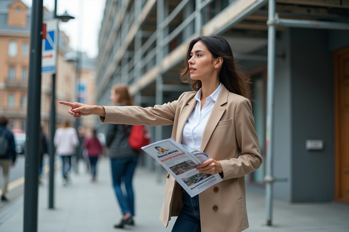 Jeune femme en extérieur montre un panneau de chantier de rénovation urbaine