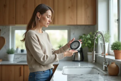 Femme vérifiant le compteur d'eau dans une cuisine moderne