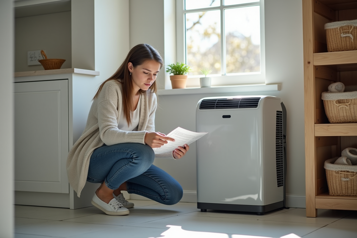 Jeune femme vérifiant une pompe à chaleur dans une buanderie lumineuse
