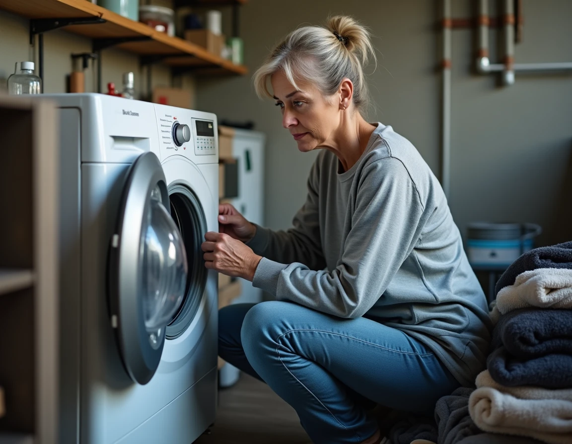 Femme vérifiant les instructions de capacité d'une machine à laver pour éviter les pannes liées au surpoids de linge
