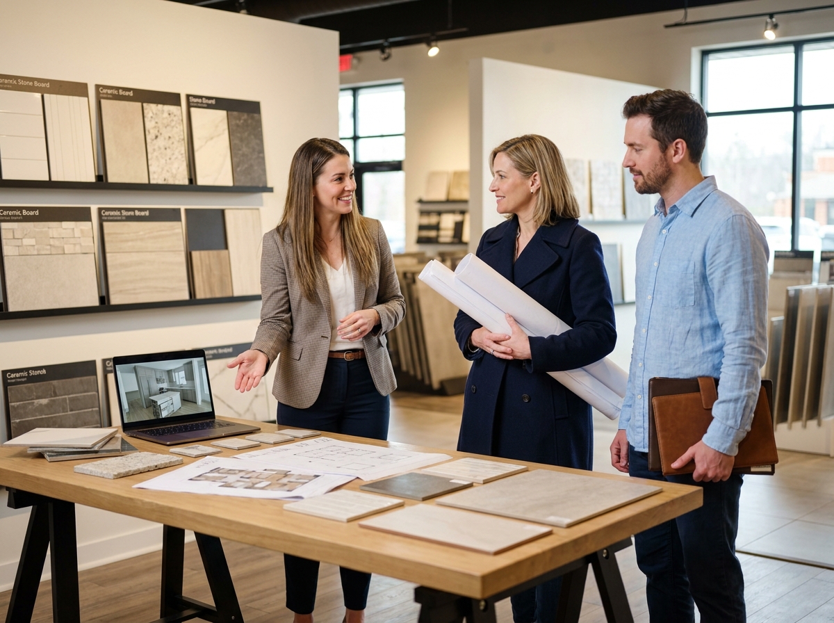 Architecte et designer accueillis dans un espace professionnel dédié au sein d'un showroom de carrelage