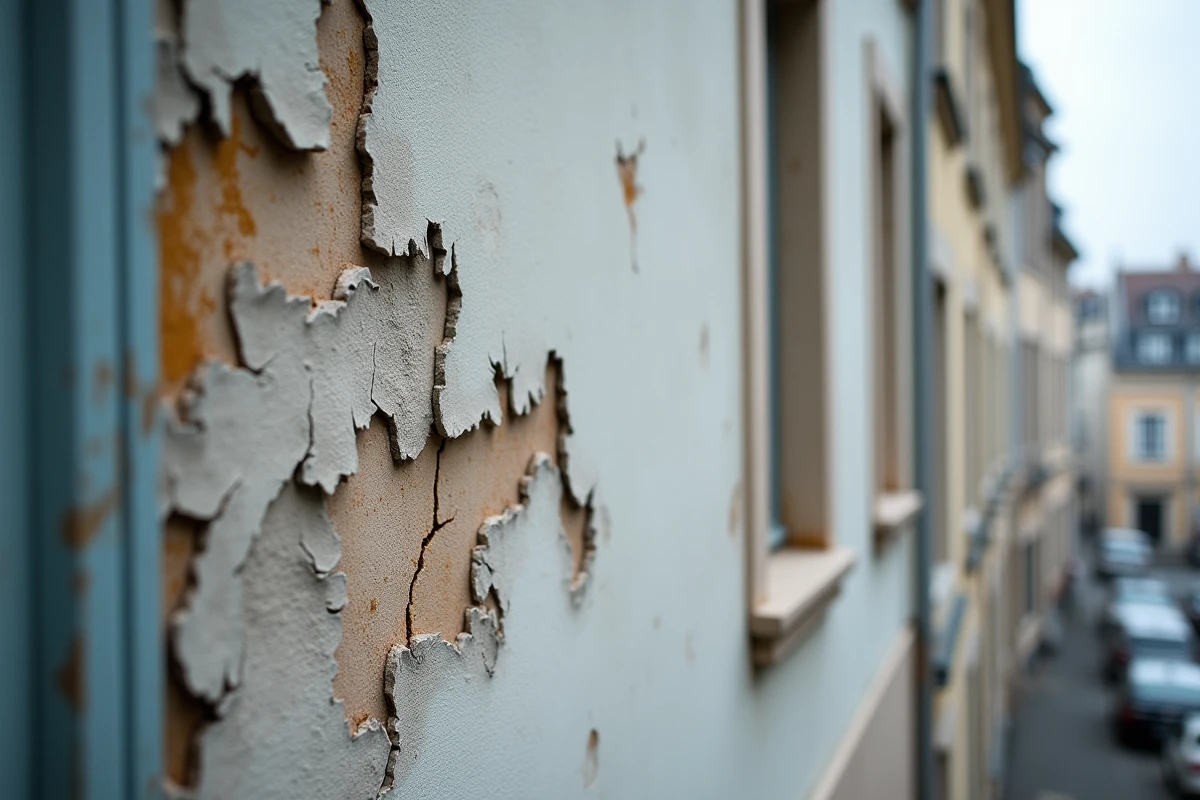 Détail de fissures et écaillage sur une façade en enduit ancien, dégradations climatiques visibles autour d'une fenêtre de maison française