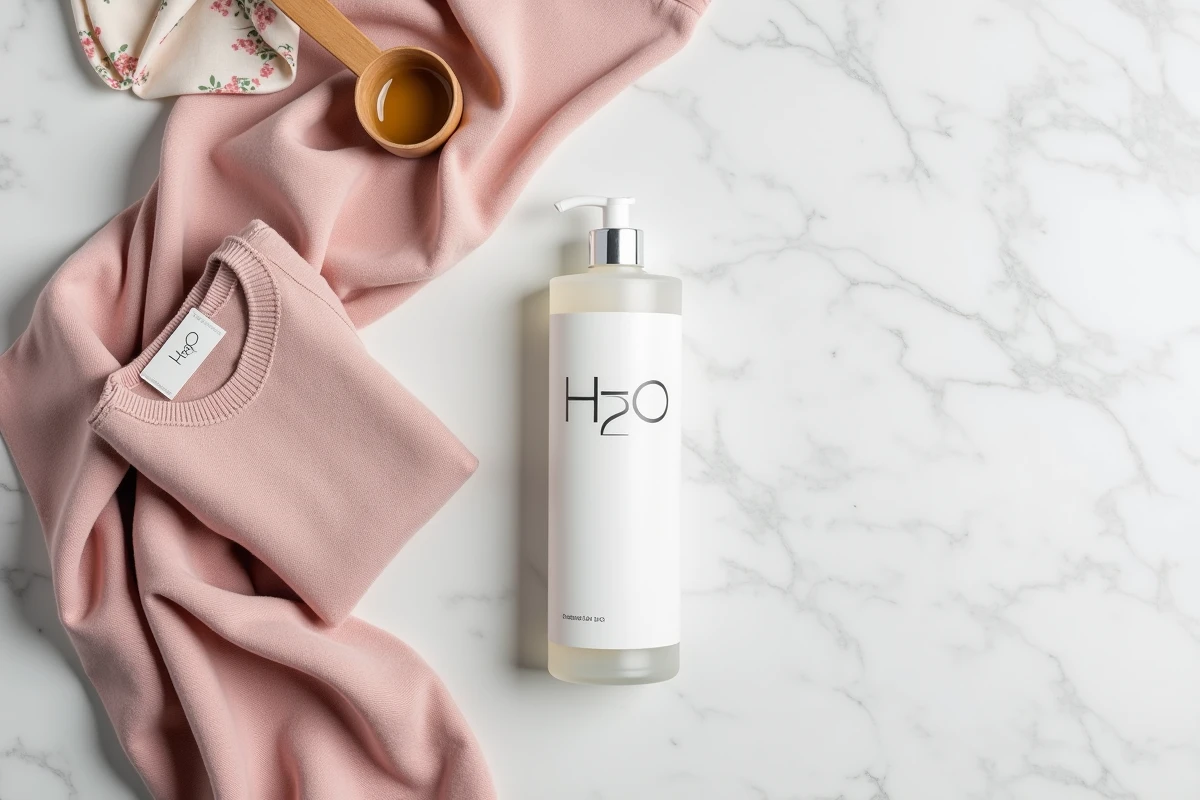 Flat lay éditorial d'un produit lessive H2O pour linge délicat avec cachemire et soie sur marbre blanc
