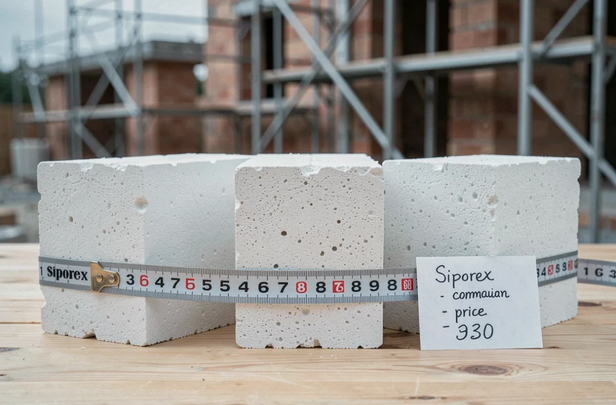 Gros plan sur des blocs de béton cellulaire Siporex avec mètre ruban et comparaison de prix