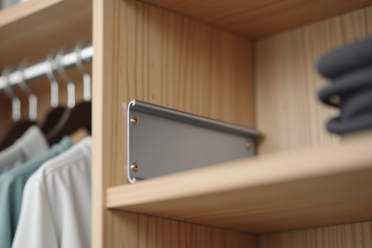 Gros plan sur une cornière en aluminium anodisé fixée à l'angle de deux étagères dans un dressing intégré