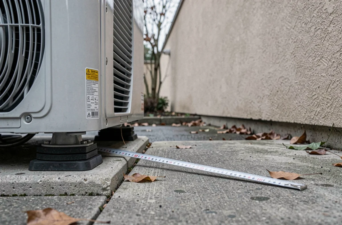 Gros plan d'une pompe à chaleur avec mètre ruban mesurant la distance minimale réglementaire par rapport au mur voisin