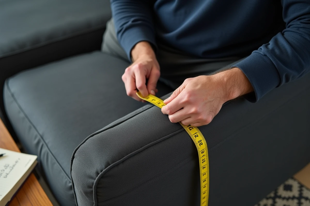 Gros plan sur la mesure du méridienne avec un mètre ruban et un carnet de notes pour housse sur mesure