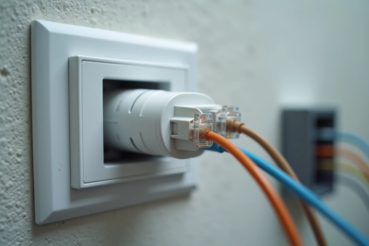 Gros plan sur une prise électrique intégrée dans une goulotte PVC avec câbles réseau organisés
