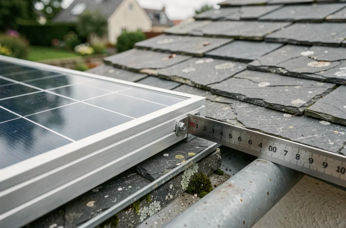 Gros plan sur l'espace de recul entre le cadre d'un panneau solaire et le bord d'un toit en ardoise avec une règle de mesure