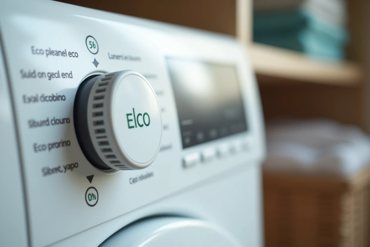 Gros plan sur le symbole éco et le sélecteur de programme d'un lave-linge moderne