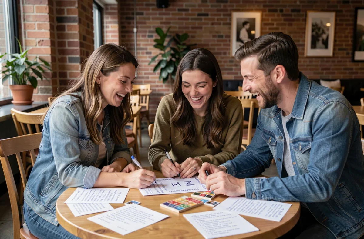 Groupe d'adultes jouant au Petit Bac dans un café, avec des feuilles de jeu portant la lettre M posées sur la table