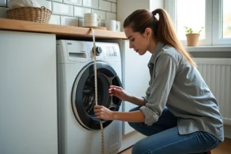 Femme mesurant la hauteur d'une machine à laver à hublot dans une buanderie moderne avec un mètre ruban