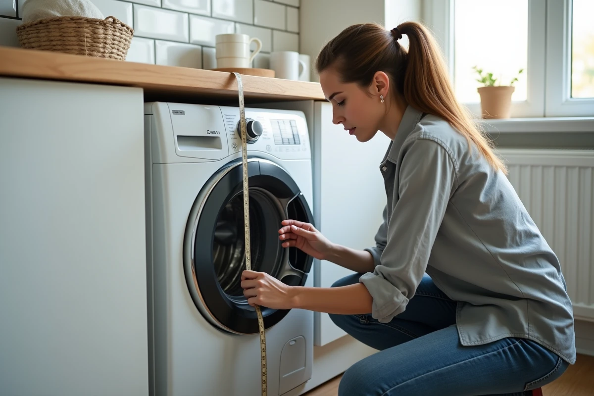 Femme mesurant la hauteur d'une machine à laver à hublot dans une buanderie moderne avec un mètre ruban