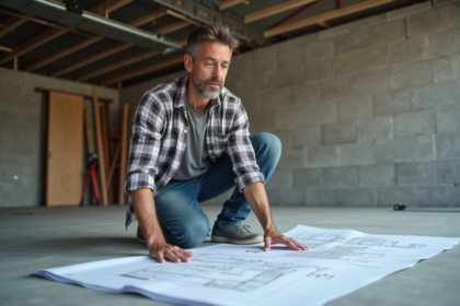 Homme en jeans et chemise à carreaux examine plans dans un garage en construction