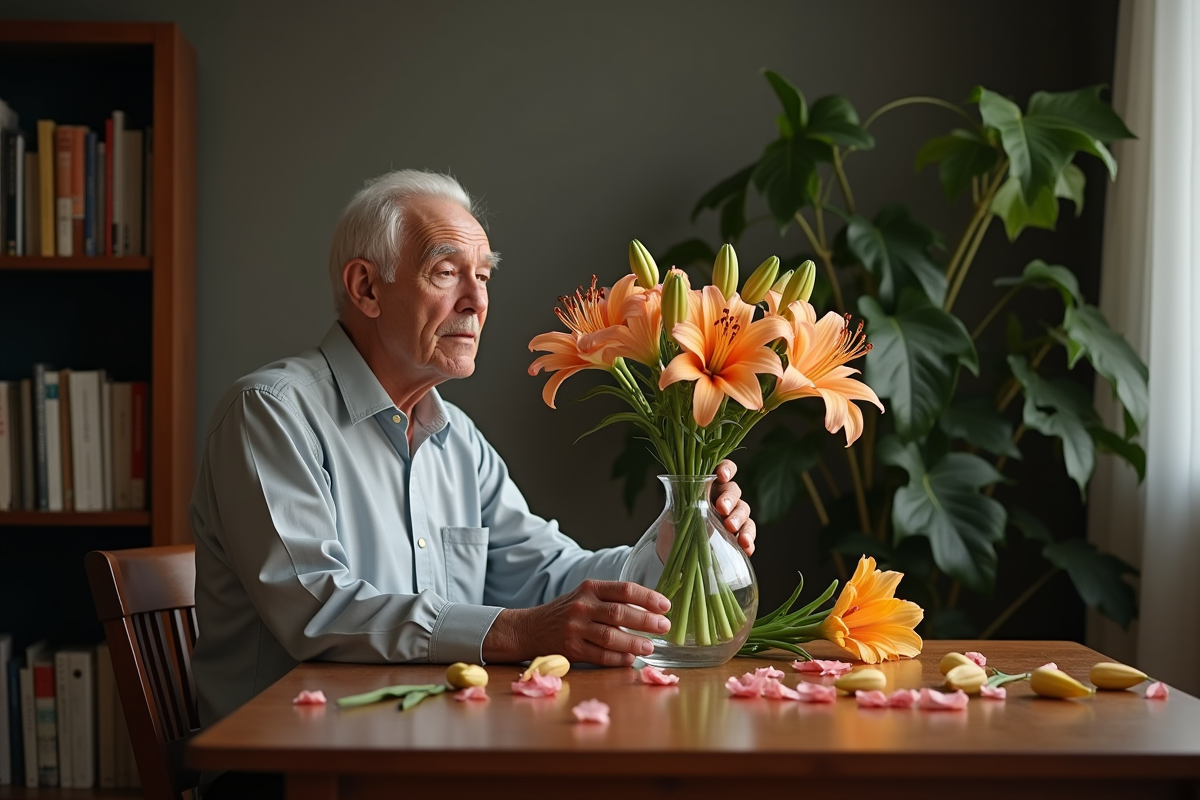 Homme âgé arrangeant des lys dans un vase à la maison