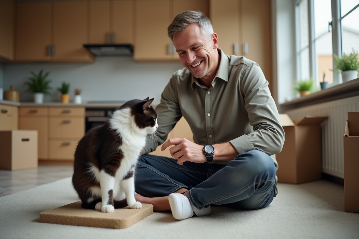 Homme souriant avec son chat dans un nouveau logement
