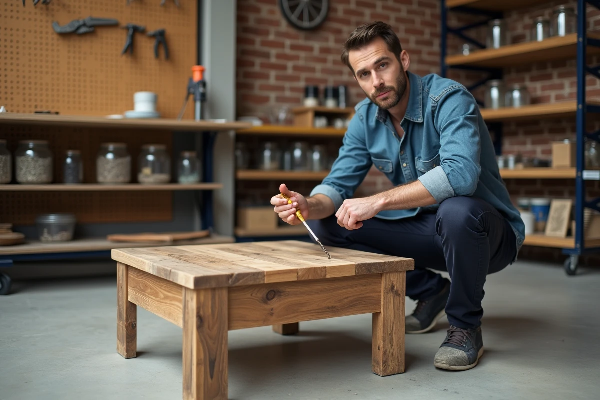 Homme assemblant une table basse en bois recyclé dans un atelier DIY artisanal, conseils bricolage maison