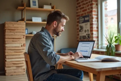 Homme en bureau avec isolation en bois et ordinateur