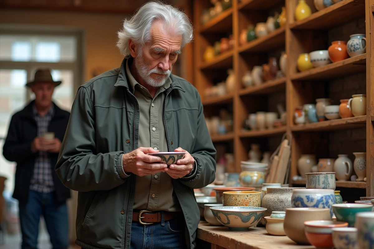 Homme âgé tenant un bol en céramique dans une boutique rustique
