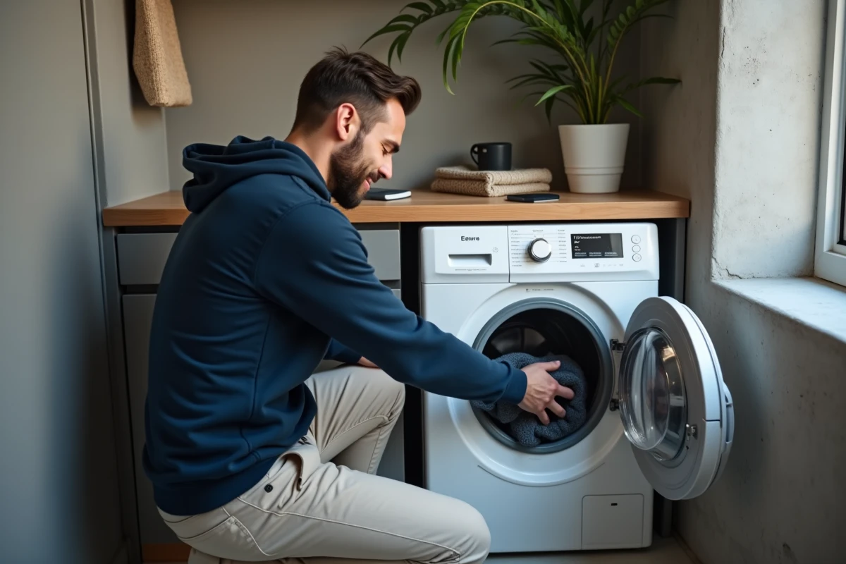 Homme chargeant son lave-linge en programme éco dans un appartement moderne pour réduire sa facture d'électricité
