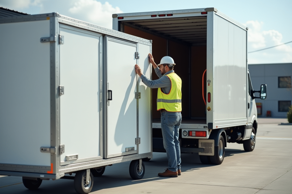 Homme en vestiaire de travail vérifiant un grand réfrigérateur