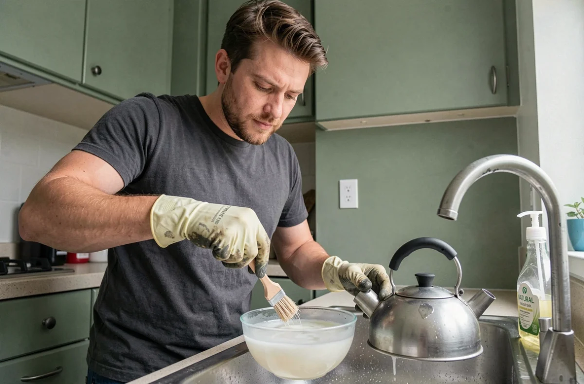 Homme nettoyant le calcaire d'une bouilloire avec une solution d'acide citrique maison