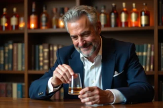 Homme d age inspectant un verre de whisky dans une bibliothèque