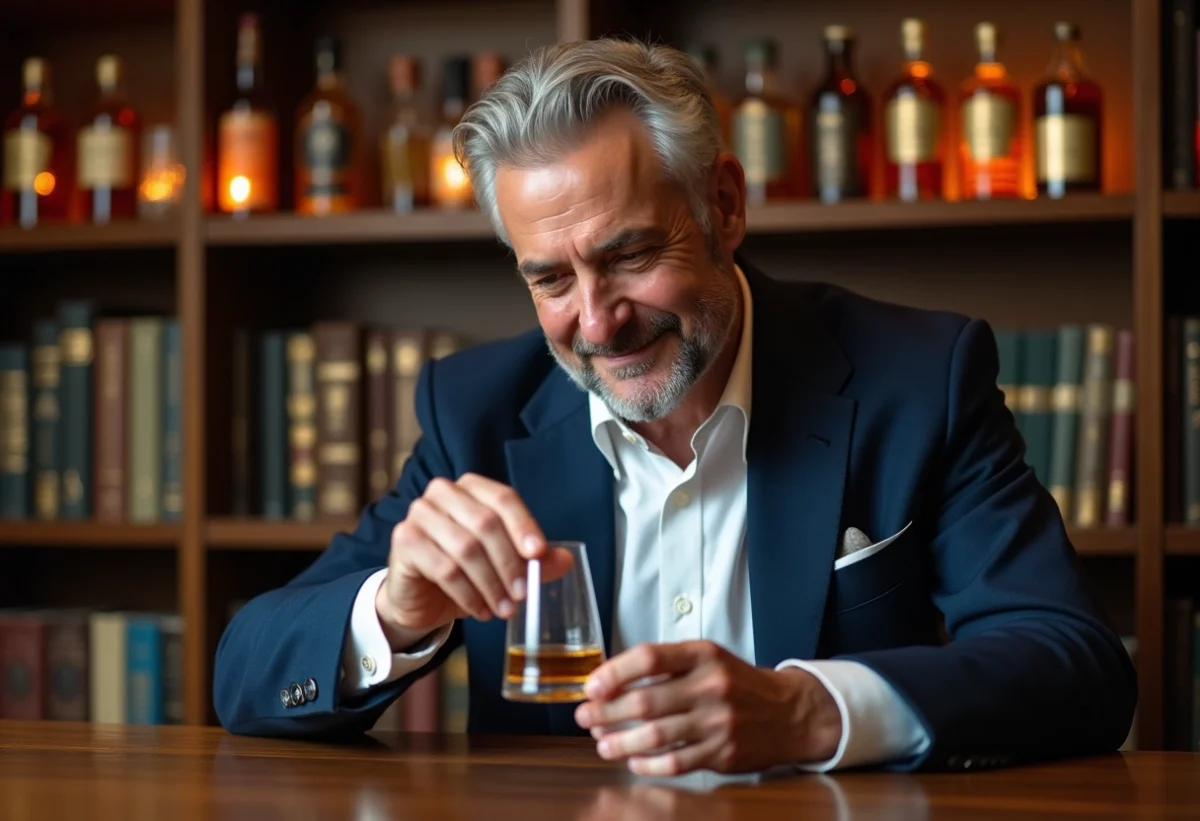 Homme d age inspectant un verre de whisky dans une bibliothèque