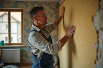 Homme en overalls appliquant de la laine mineral sur un mur ancien