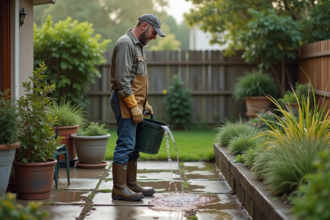 Homme en vêtements de travail verse de l'eau dans le jardin