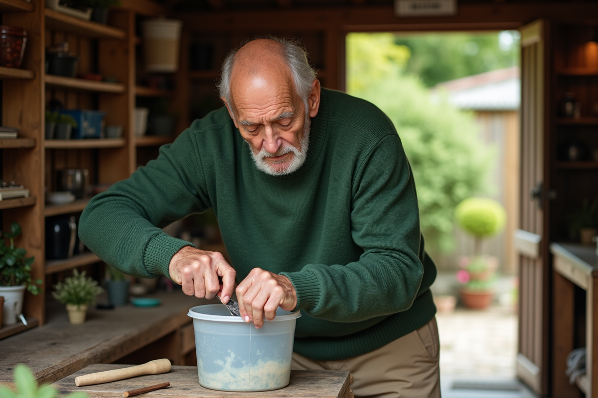 Homme âgé désinfectant un outil dans le jardin