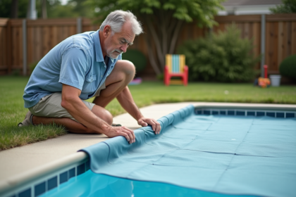 Homme en été pose une couverture de piscine sécurisée