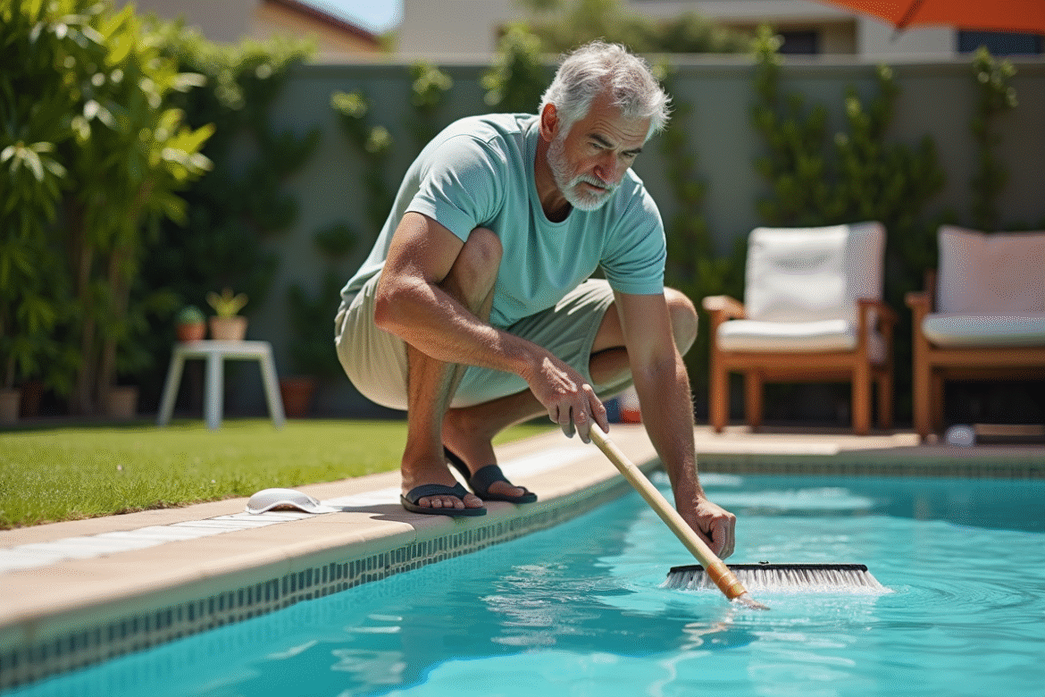 Homme d'âge moyen nettoyant la piscine avec une brosse