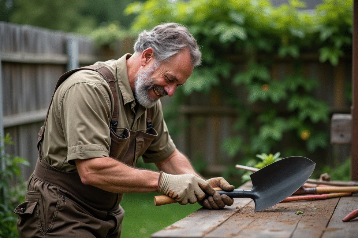 Homme d'âge moyen appliquant de l'huile sur une pelle de jardin