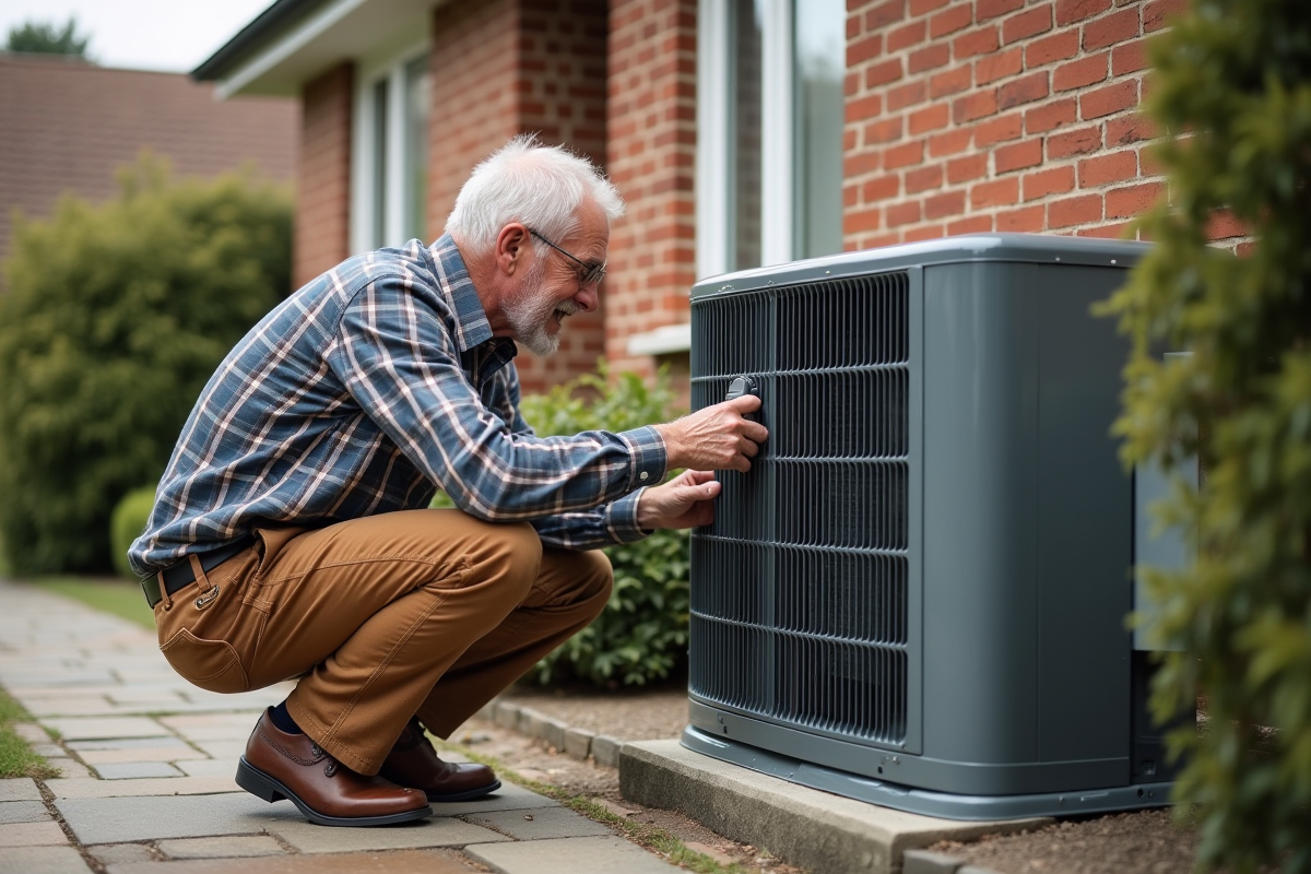 Homme âgé vérifiant une pompe à chaleur extérieure
