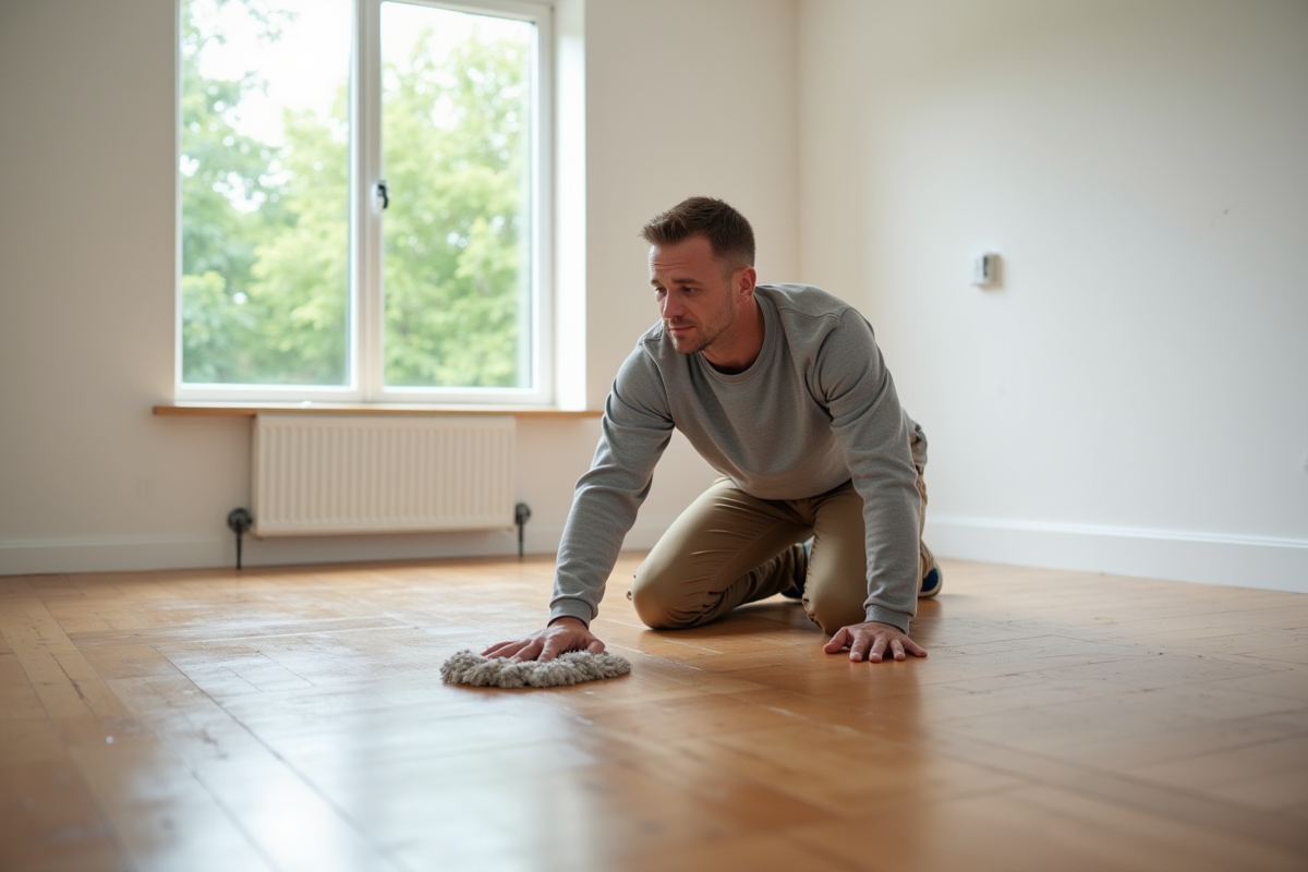 Homme scrutant le sol en bois dans un salon vide
