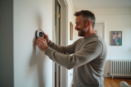 Homme d'âge moyen réglant un thermostat numérique dans un salon cosy
