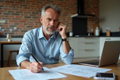 Homme d'âge moyen examine des documents de rénovation dans une cuisine moderne