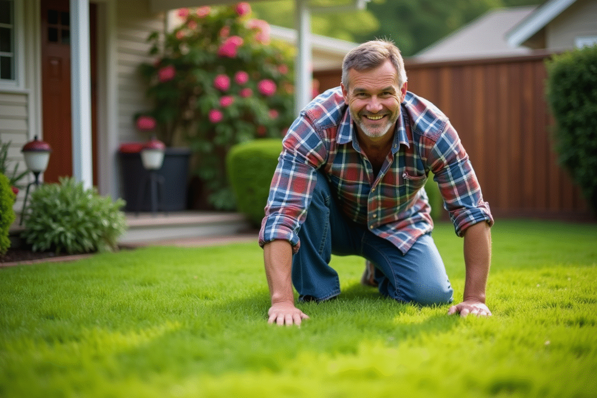 Homme d'âge moyen en jeans et chemise à carreaux en train de overseeder le gazon dans un jardin