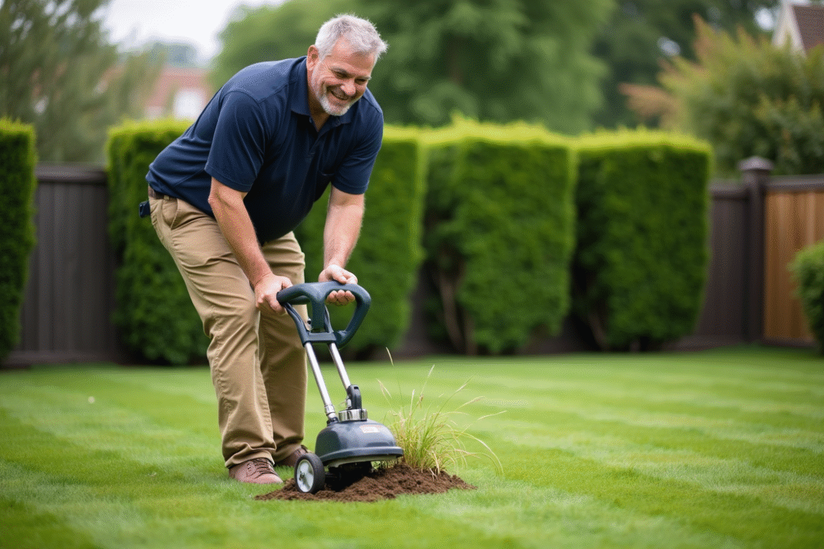 Homme d'âge moyen utilisant un aérateur de pelouse en extérieur