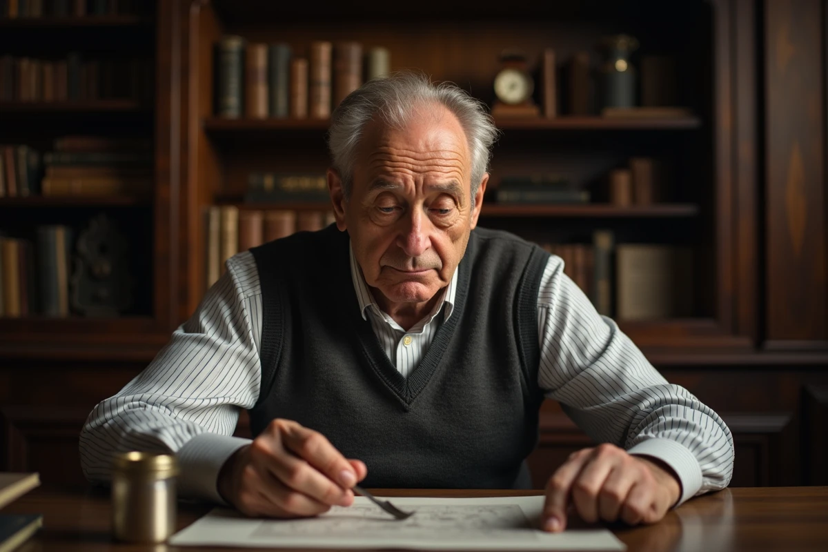 Homme vérifiant une fourche en argent au bureau ancien