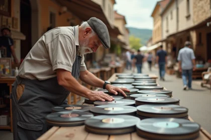 Homme d'âge moyen arrangeant des vinyles au marché aux puces